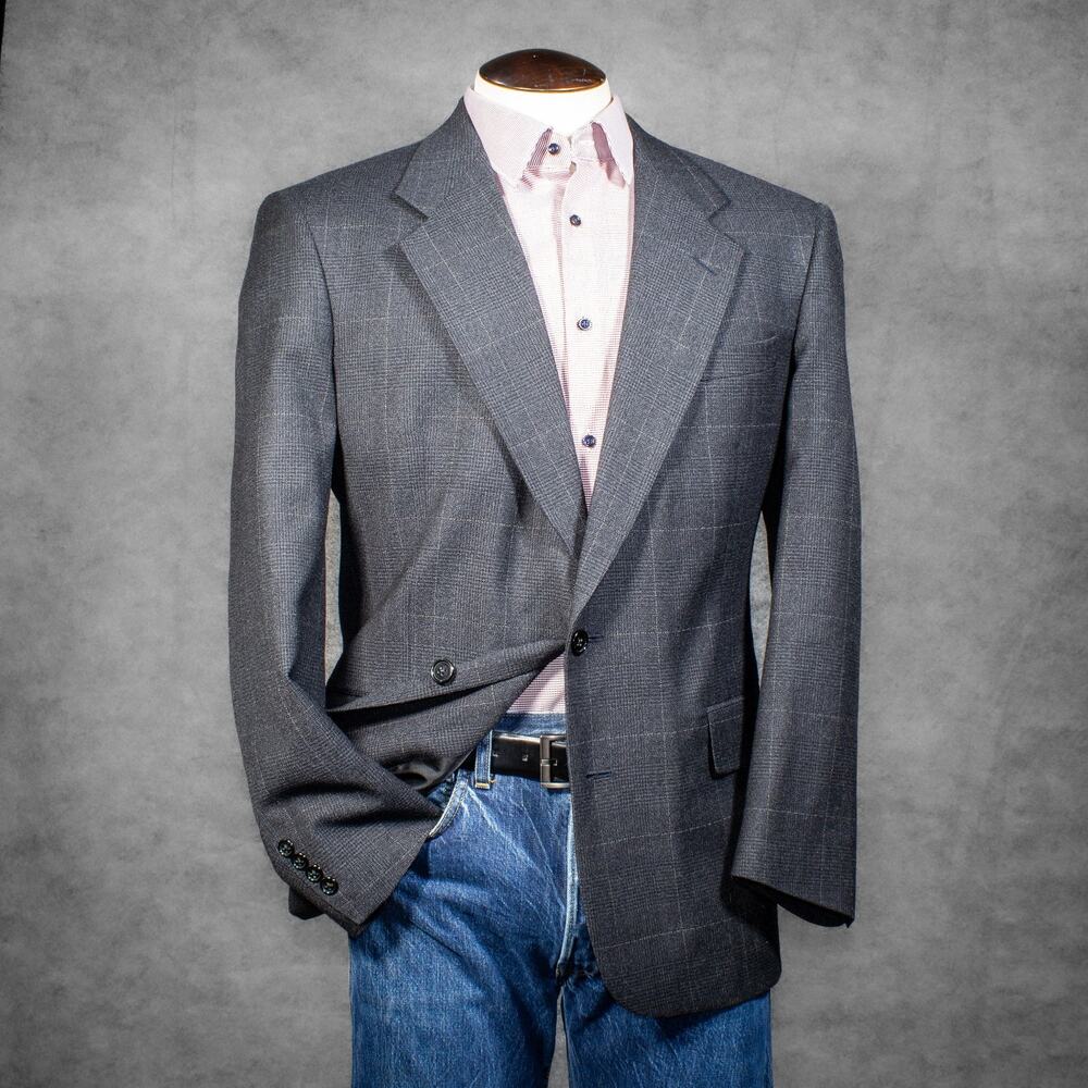 Vtg Christian Dior Blazer Sport Coat Mens 44R Wool Gray Plaid USA Suit jacket